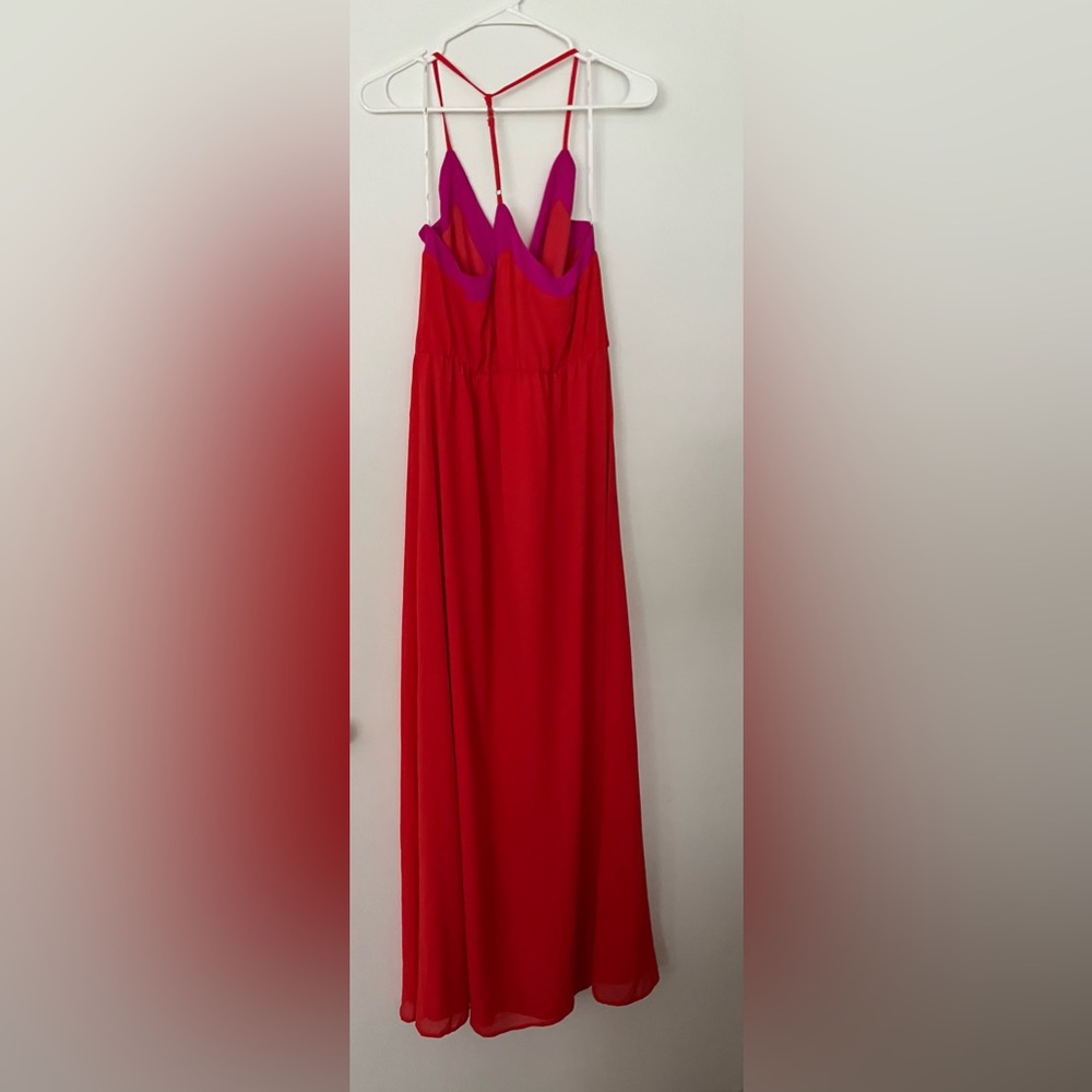 Lulus Bright Side Coral Red Color Block Maxi Dress
